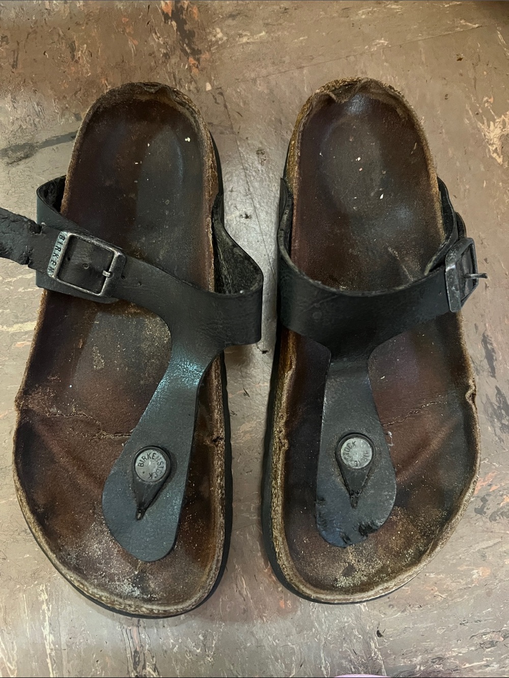 Birkenstock Black Thong Sandals real beat up
